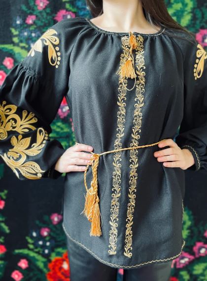 Hand-Embroidered Black Gold Floral Cotton Blouse Top – Puff Sleeve Boho Folk Top with Tassels