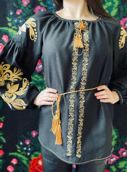 Hand-Embroidered Black Gold Floral Cotton Blouse Top – Puff Sleeve Boho Folk Top with Tassels