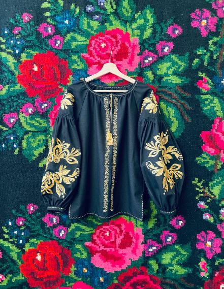Hand-Embroidered Black Gold Floral Cotton Blouse Top – Puff Sleeve Boho Folk Top with Tassels