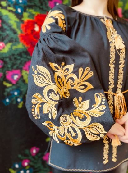 Hand-Embroidered Black Gold Floral Cotton Blouse Top – Puff Sleeve Boho Folk Top with Tassels