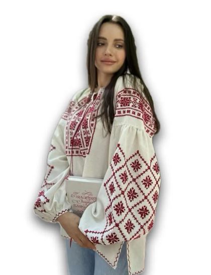 Hand-Embroidered White Red Folk Cotton Blouse – Puff Sleeve Vyshyvanka Boho Top with Tassels