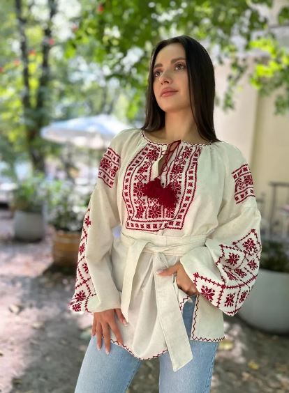 Hand-Embroidered White Red Folk Cotton Blouse – Puff Sleeve Vyshyvanka Boho Top with Tassels