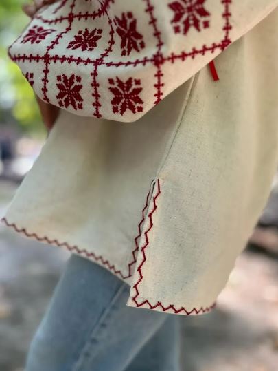 Hand-Embroidered White Red Folk Cotton Blouse – Puff Sleeve Vyshyvanka Boho Top with Tassels