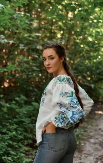 Hand-Embroidered Linen Cotton Boho Blouse Top – White Floral Folk Tunic Top with Blue & Green Embroidery