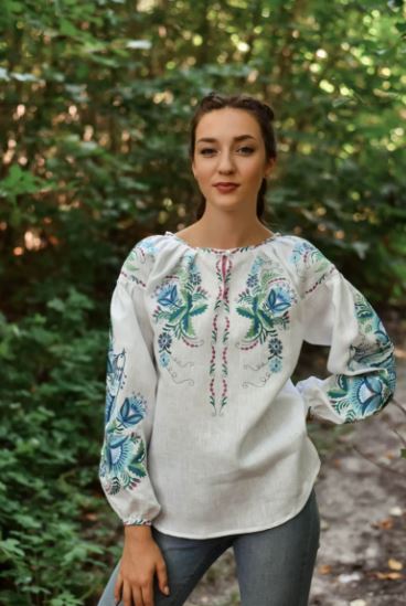 Hand-Embroidered Linen Cotton Boho Blouse Top – White Floral Folk Tunic Top with Blue & Green Embroidery