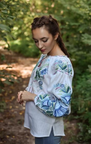 Hand-Embroidered Linen Cotton Boho Blouse Top – White Floral Folk Tunic Top with Blue & Green Embroidery