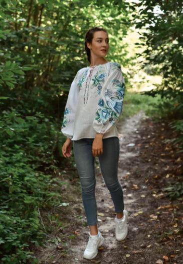 Hand-Embroidered Linen Cotton Boho Blouse Top – White Floral Folk Tunic Top with Blue & Green Embroidery