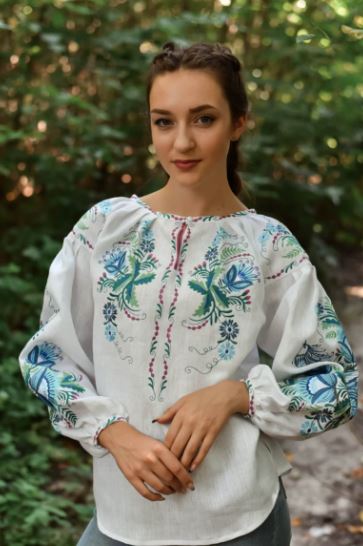 Hand-Embroidered Linen Cotton Boho Blouse Top – White Floral Folk Tunic Top with Blue & Green Embroidery