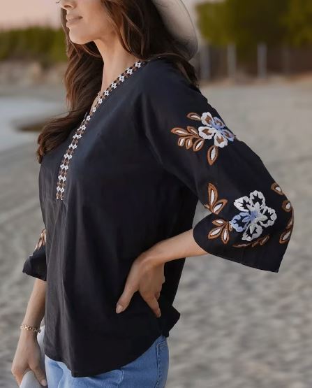 Black Floral Embroidered Cotton Blouse | Boho V-Neck Bell Sleeve Top | Ethnic Folk Art Tunic for Women | Beach & Festival Shirt