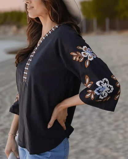 Black Floral Embroidered Cotton Blouse | Boho V-Neck Bell Sleeve Top | Ethnic Folk Art Tunic for Women | Beach & Festival Shirt