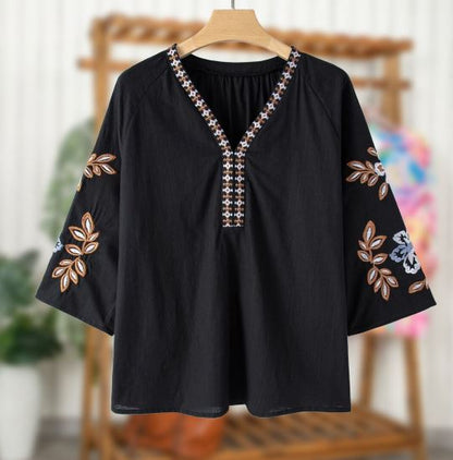 Black Floral Embroidered Cotton Blouse | Boho V-Neck Bell Sleeve Top | Ethnic Folk Art Tunic for Women | Beach & Festival Shirt