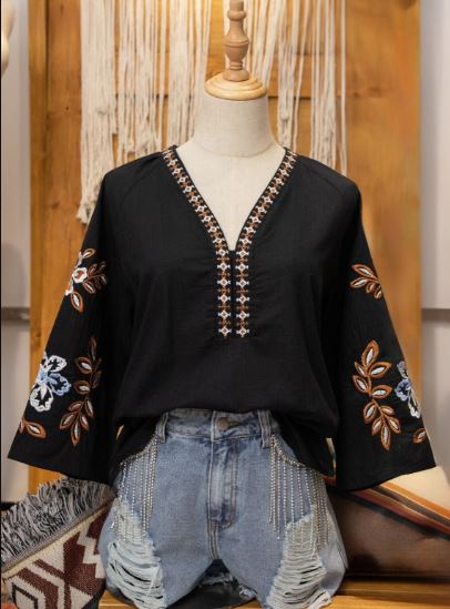 Black Floral Embroidered Cotton Blouse | Boho V-Neck Bell Sleeve Top | Ethnic Folk Art Tunic for Women | Beach & Festival Shirt