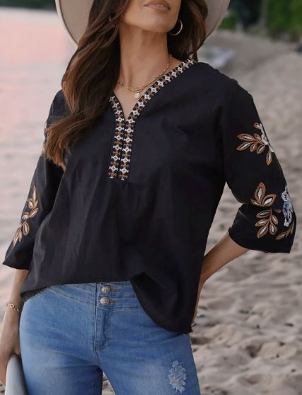 Black Floral Embroidered Cotton Blouse | Boho V-Neck Bell Sleeve Top | Ethnic Folk Art Tunic for Women | Beach & Festival Shirt