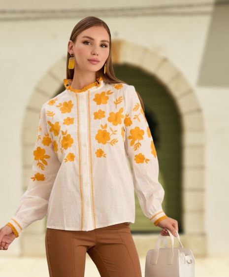 Hand-Embroidered White Floral Cotton Blouse Top – Golden Yellow Puff Sleeve Boho Top