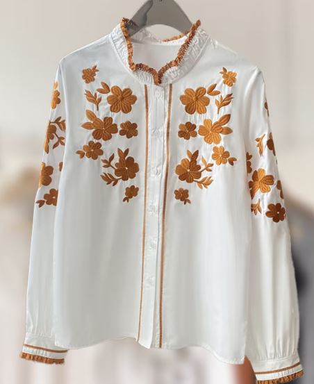 Hand-Embroidered White Floral Cotton Blouse Top – Golden Yellow Puff Sleeve Boho Top