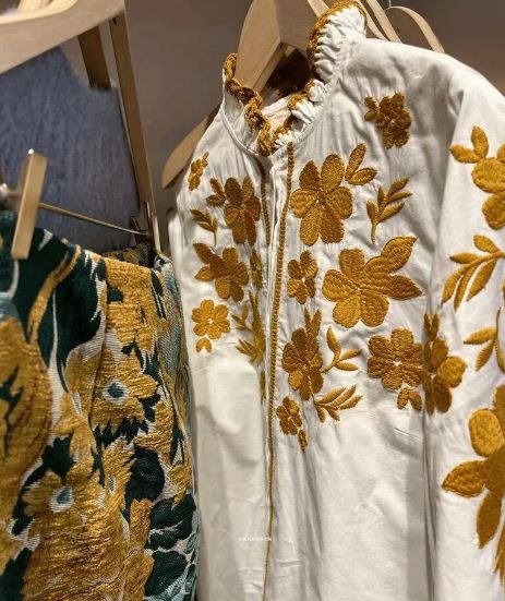 Hand-Embroidered White Floral Cotton Blouse Top – Golden Yellow Puff Sleeve Boho Top