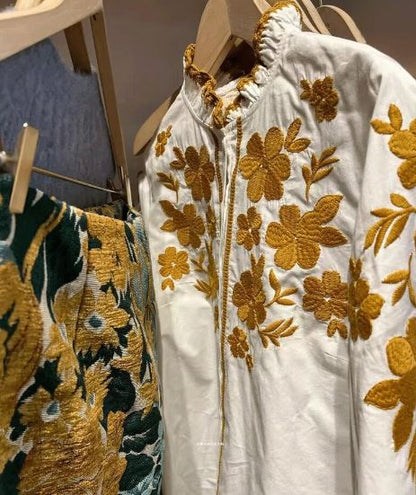Hand-Embroidered White Floral Cotton Blouse Top – Golden Yellow Puff Sleeve Boho Top