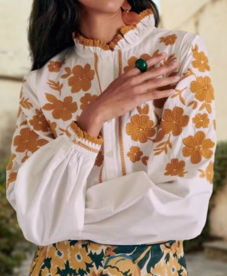 Hand-Embroidered White Floral Cotton Blouse Top – Golden Yellow Puff Sleeve Boho Top