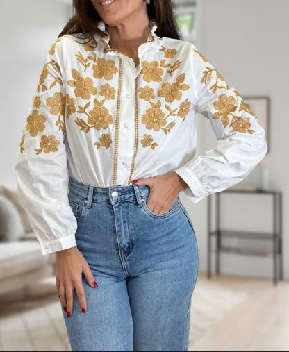 Hand-Embroidered White Floral Cotton Blouse Top – Golden Yellow Puff Sleeve Boho Top