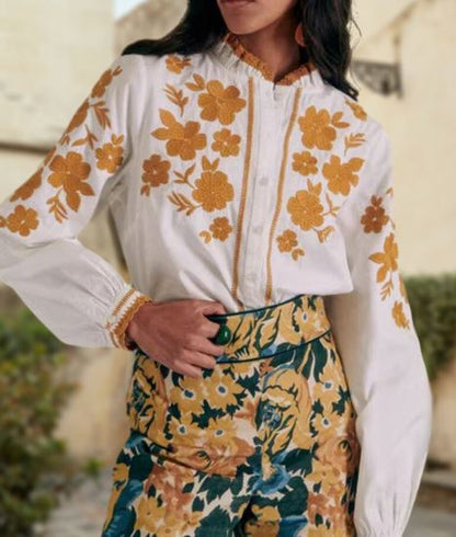 Hand-Embroidered White Floral Cotton Blouse Top – Golden Yellow Puff Sleeve Boho Top