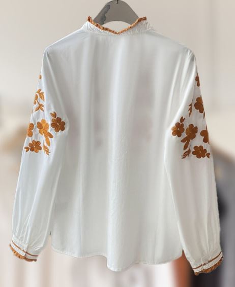 Hand-Embroidered White Floral Cotton Blouse Top – Golden Yellow Puff Sleeve Boho Top