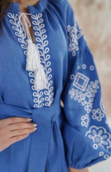 Royal Blue White Embroidered Cotton Puff Sleeve Boho Maxi Dress – Folk Tassel Tie-Waist Summer Dress for Women