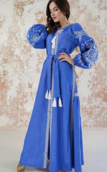 Royal Blue White Embroidered Cotton Puff Sleeve Boho Maxi Dress – Folk Tassel Tie-Waist Summer Dress for Women