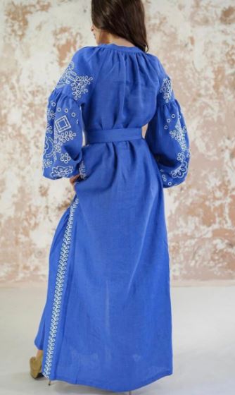 Royal Blue White Embroidered Cotton Puff Sleeve Boho Maxi Dress – Folk Tassel Tie-Waist Summer Dress for Women
