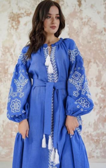 Royal Blue White Embroidered Cotton Puff Sleeve Boho Maxi Dress – Folk Tassel Tie-Waist Summer Dress for Women