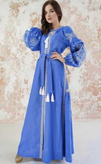 Royal Blue White Embroidered Cotton Puff Sleeve Boho Maxi Dress – Folk Tassel Tie-Waist Summer Dress for Women