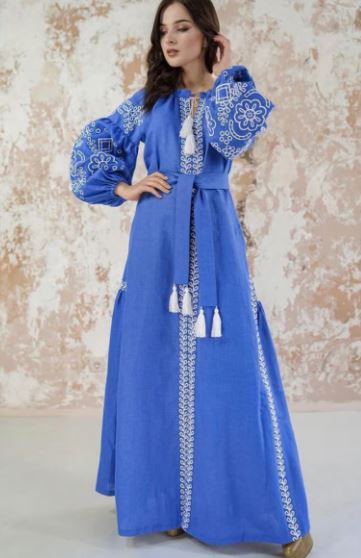 Royal Blue White Embroidered Cotton Puff Sleeve Boho Maxi Dress – Folk Tassel Tie-Waist Summer Dress for Women