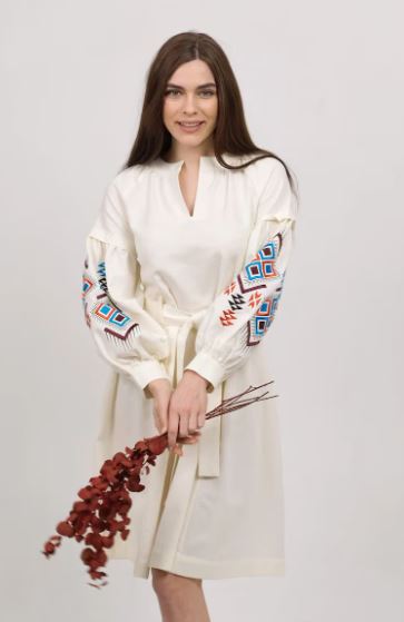 Hand-Embroidered Geometric Cotton Dress for Women – Boho Ethnic V-Neck Belted Midi Dress with Tribal Sleeve Embroidery