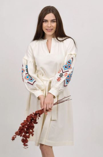Hand-Embroidered Geometric Cotton Dress for Women – Boho Ethnic V-Neck Belted Midi Dress with Tribal Sleeve Embroidery