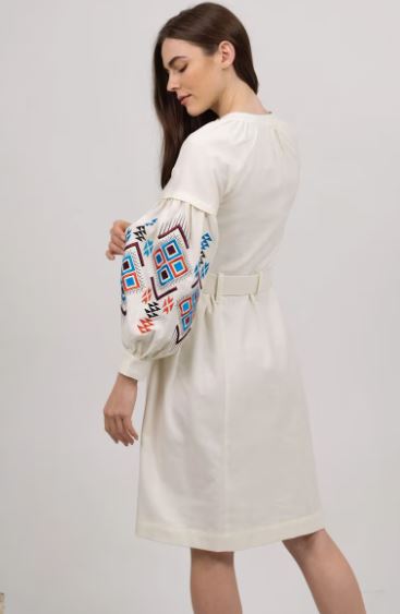 Hand-Embroidered Geometric Cotton Dress for Women – Boho Ethnic V-Neck Belted Midi Dress with Tribal Sleeve Embroidery