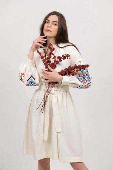 Hand-Embroidered Geometric Cotton Dress for Women – Boho Ethnic V-Neck Belted Midi Dress with Tribal Sleeve Embroidery