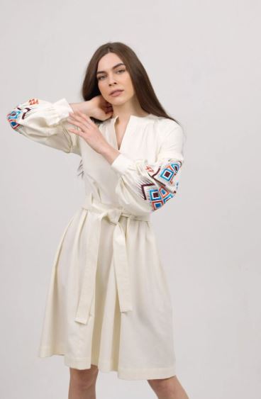 Hand-Embroidered Geometric Cotton Dress for Women – Boho Ethnic V-Neck Belted Midi Dress with Tribal Sleeve Embroidery