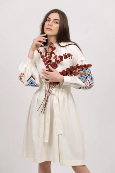 Hand-Embroidered Geometric Cotton Dress for Women – Boho Ethnic V-Neck Belted Midi Dress with Tribal Sleeve Embroidery