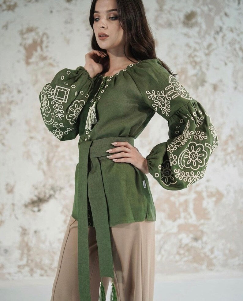 Hand-Embroidered Olive Green Floral Cotton Tunic Top – White Puff Sleeve Boho Top with Tassel Belt