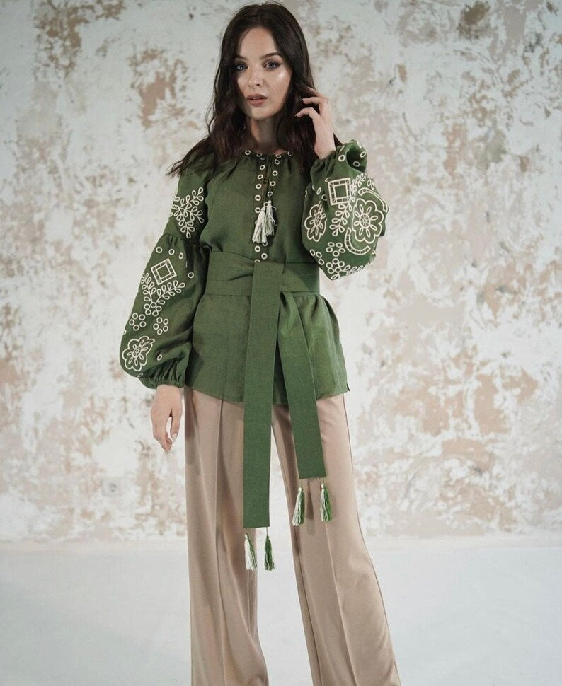 Hand-Embroidered Olive Green Floral Cotton Tunic Top – White Puff Sleeve Boho Top with Tassel Belt