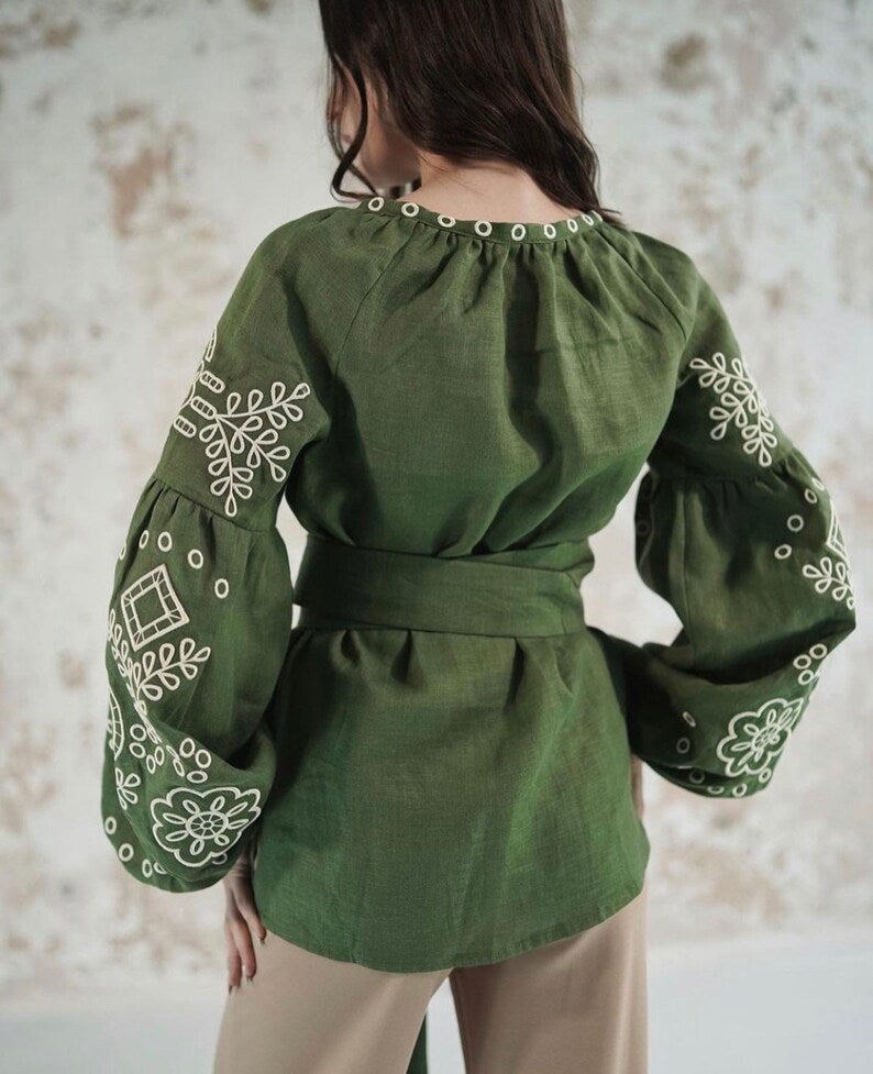 Hand-Embroidered Olive Green Floral Cotton Tunic Top – White Puff Sleeve Boho Top with Tassel Belt