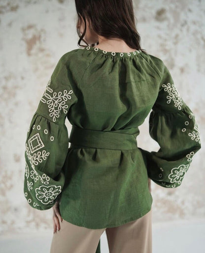 Hand-Embroidered Olive Green Floral Cotton Tunic Top – White Puff Sleeve Boho Top with Tassel Belt