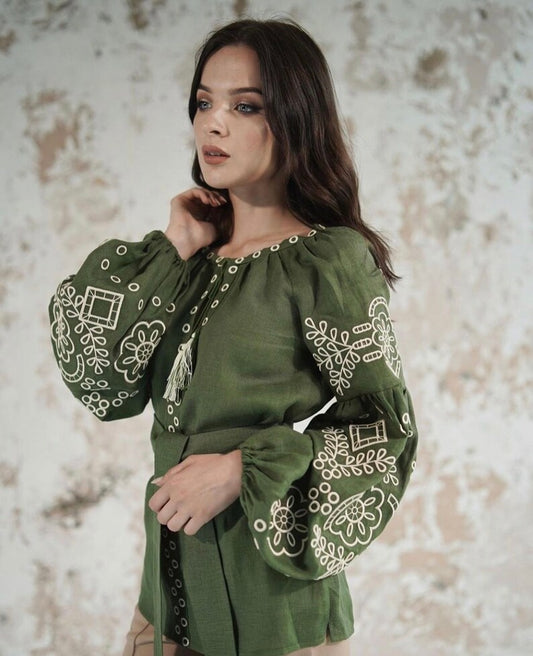 Hand-Embroidered Olive Green Floral Cotton Tunic Top – White Puff Sleeve Boho Top with Tassel Belt