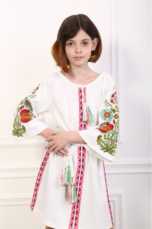 Hand-Embroidered White Cotton Floral Dress for Girls – Boho Tassel Tunic with Vibrant Sleeve Embroidery