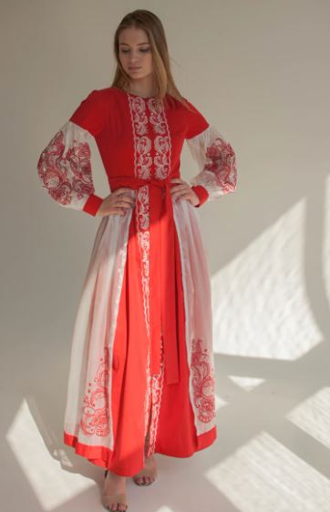 Red Hand-Embroidered Cotton Maxi Dress for Women – Folk White Lace Puff Sleeve Boho Vyshyvanka Style