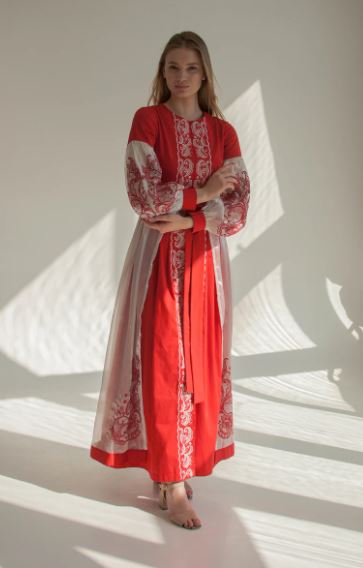 Red Hand-Embroidered Cotton Maxi Dress for Women – Folk White Lace Puff Sleeve Boho Vyshyvanka Style