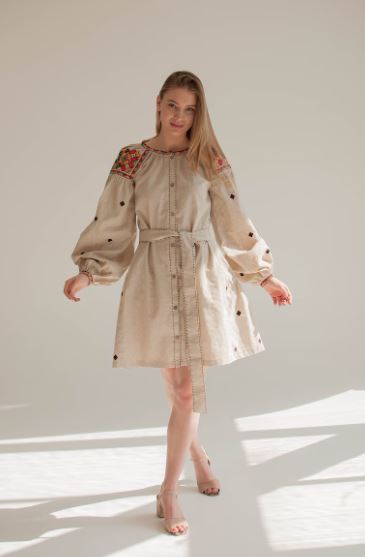 Beige Hand-Embroidered Cotton Midi Dress for Women – Boho Folk Puff Sleeve Vyshyvanka Style