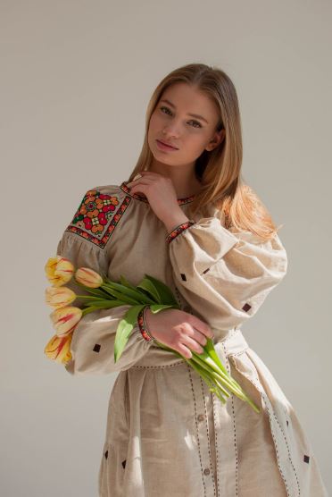 Beige Hand-Embroidered Cotton Midi Dress for Women – Boho Folk Puff Sleeve Vyshyvanka Style