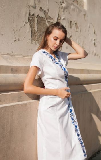 White Blue Embroidered Cotton Wrap Midi Dress – Folk V-Neck Tie-Waist Summer Dress for Women