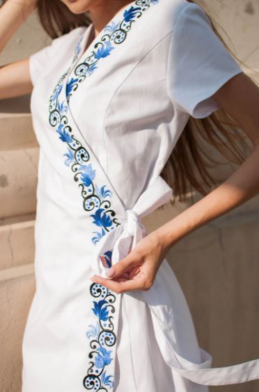 White Blue Embroidered Cotton Wrap Midi Dress – Folk V-Neck Tie-Waist Summer Dress for Women