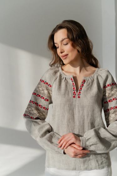 Hand-Embroidered Beige Folk Cotton Tunic Top – Red Floral Puff Sleeve Boho Top